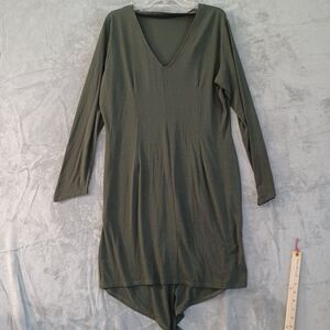 Vtg Lew Magram XL Dress Minimalist Lagenlook Oversize Midi Olive Green Vneck